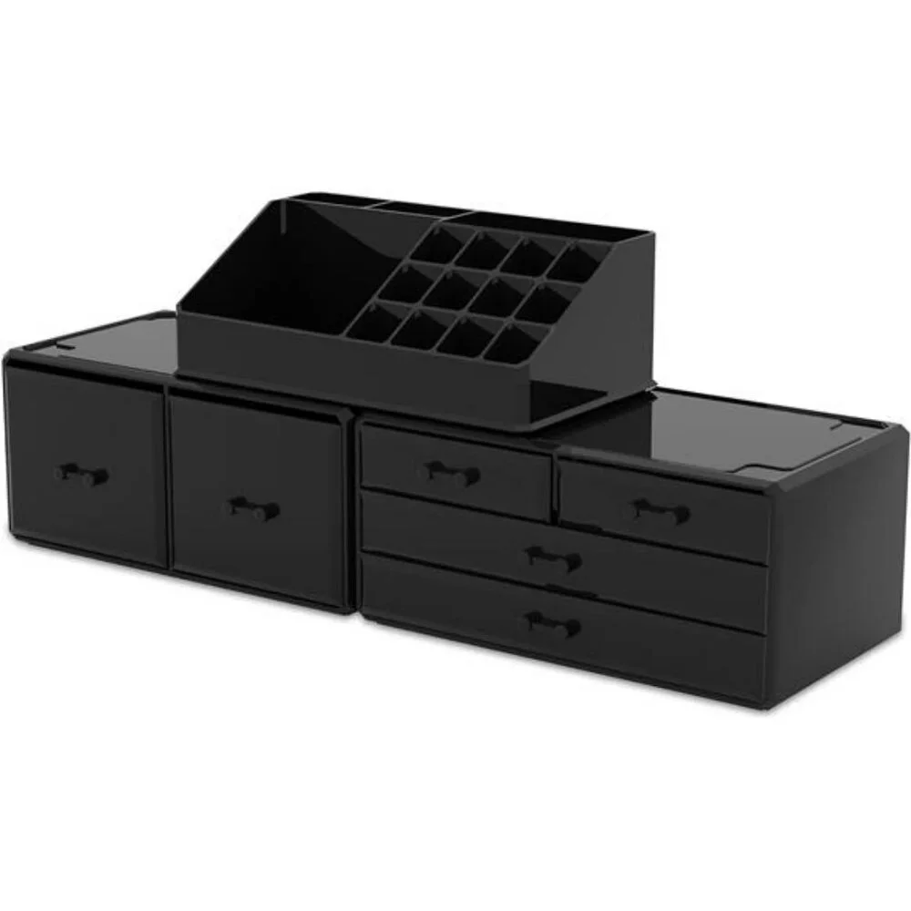 Black makeup organizer 3 piece set with drawers cosmetic storage case box
